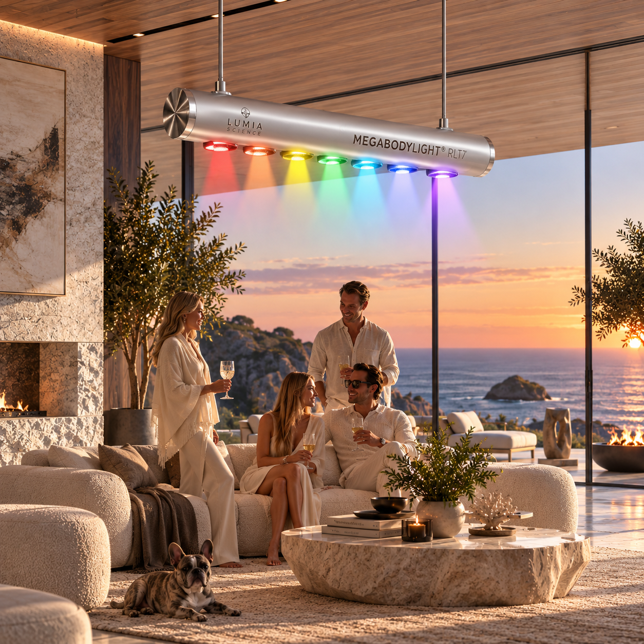 Lumia spectral chandelier illuminating a coastal residence