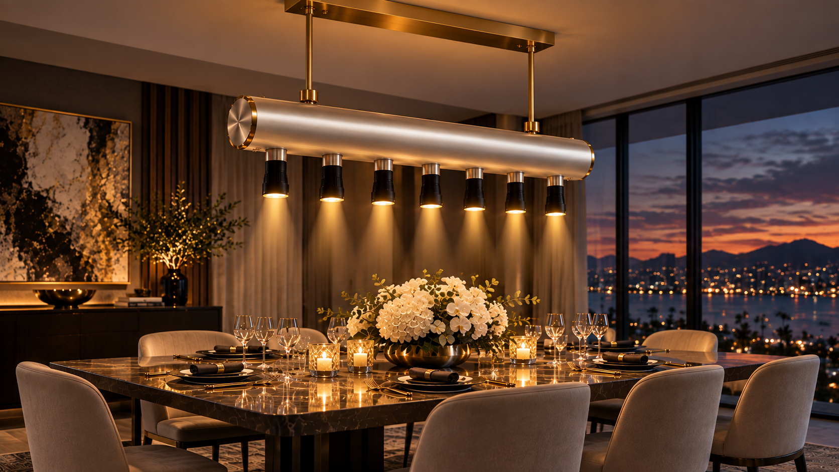Champagne gold Lumia chandelier above a formal dining table
